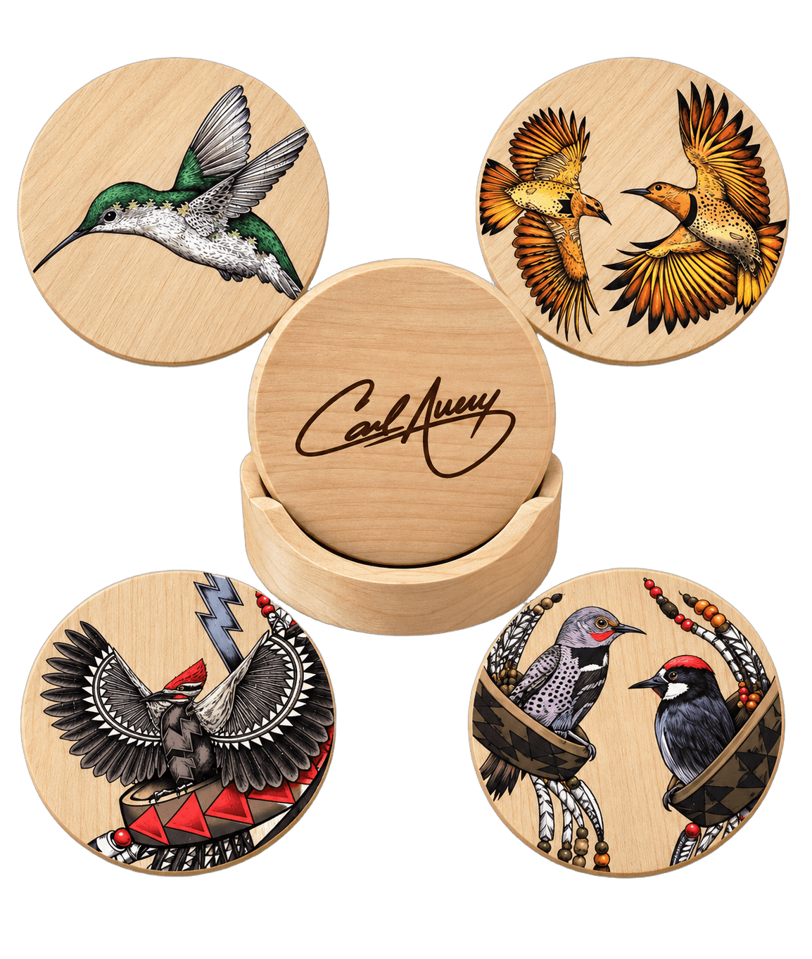 Taken Flight coaster set by Carl Avery — five maple wood coasters hand-painted with North Coast birds, alongside a signed storage box
